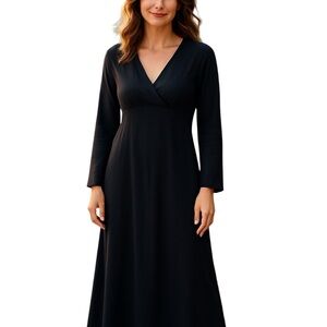 EILEEN FISHER MAXI DARK BLUE VNECK SURPLICE NECK EMPIRE WAIST LONG SLEEVE DRESS